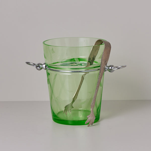 Small Green Vintage Ice Bucket With Tongs.