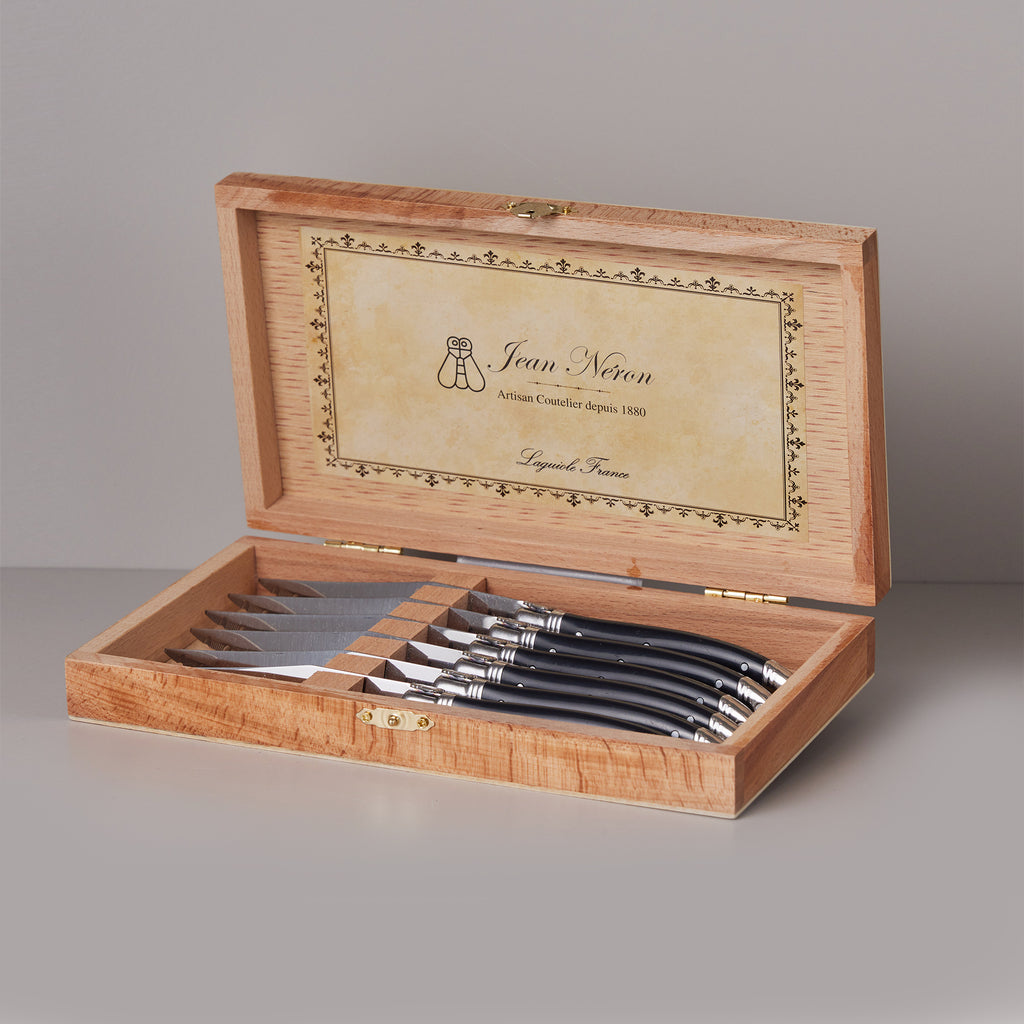 French Knife Set of six Laguiole stainless steel knives in wood presentation box.