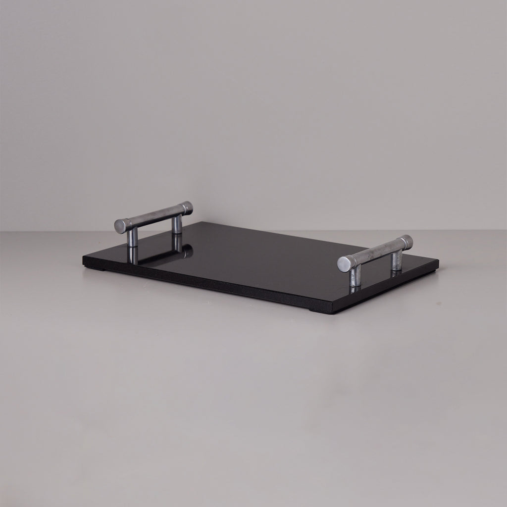 Black Stone Serving Tray With Silver Handles
