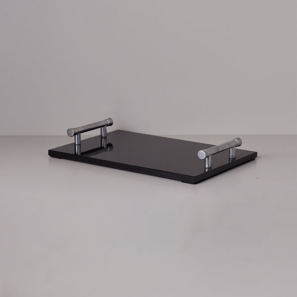 Black Stone Serving Tray With Silver Handles