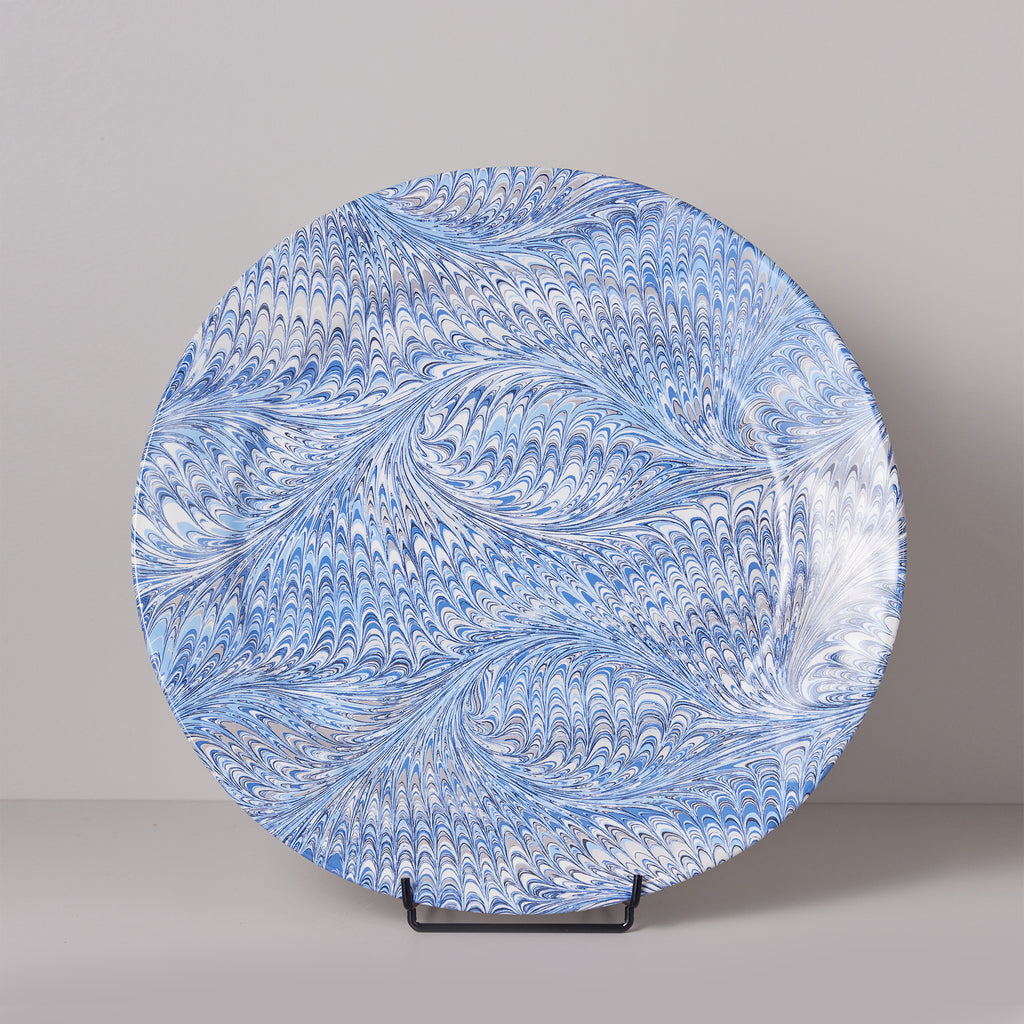 Blue and white feather patterned handmade ceramic dinner plate.