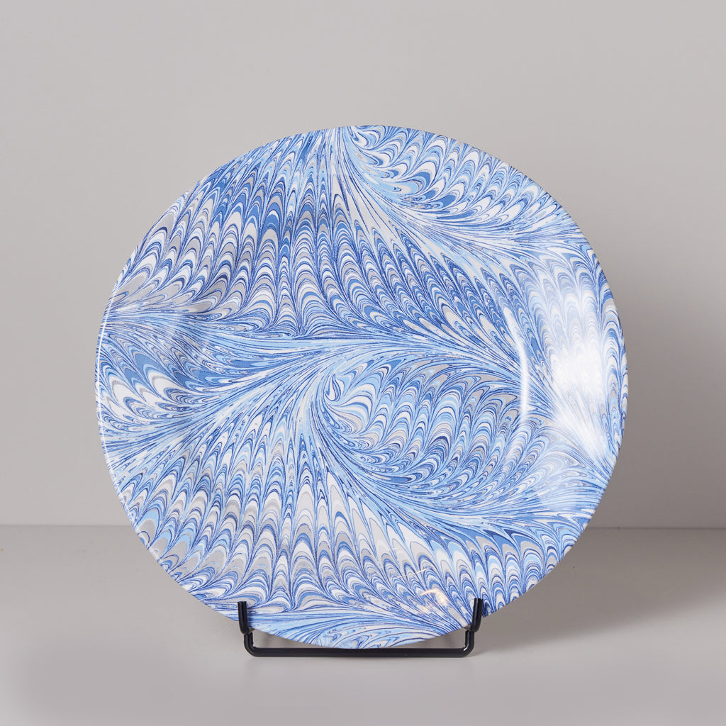 Blue and white feather patterned handmade ceramic salad plate.