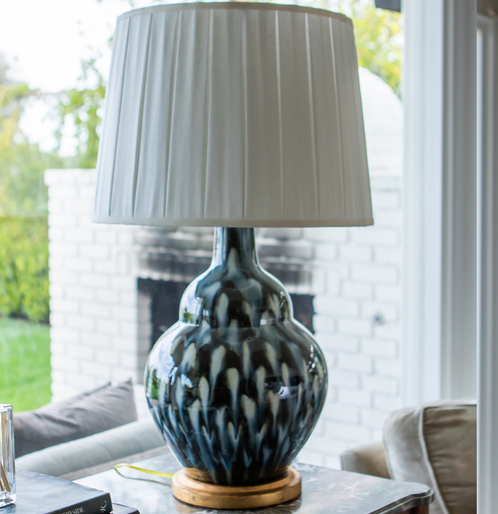 Blue Feather Lamp With White Pleated Shade